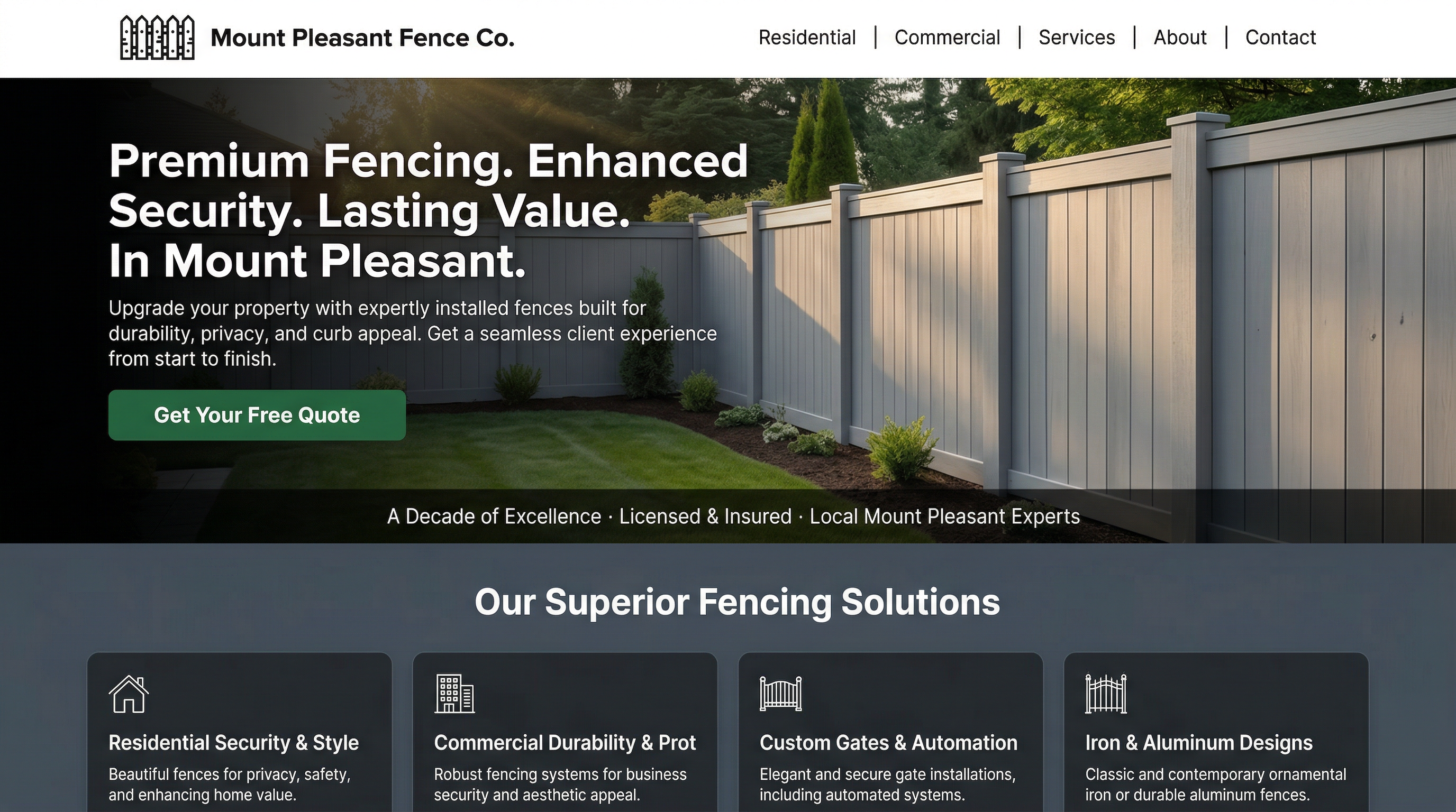 Mount Pleasant Fence Company website preview