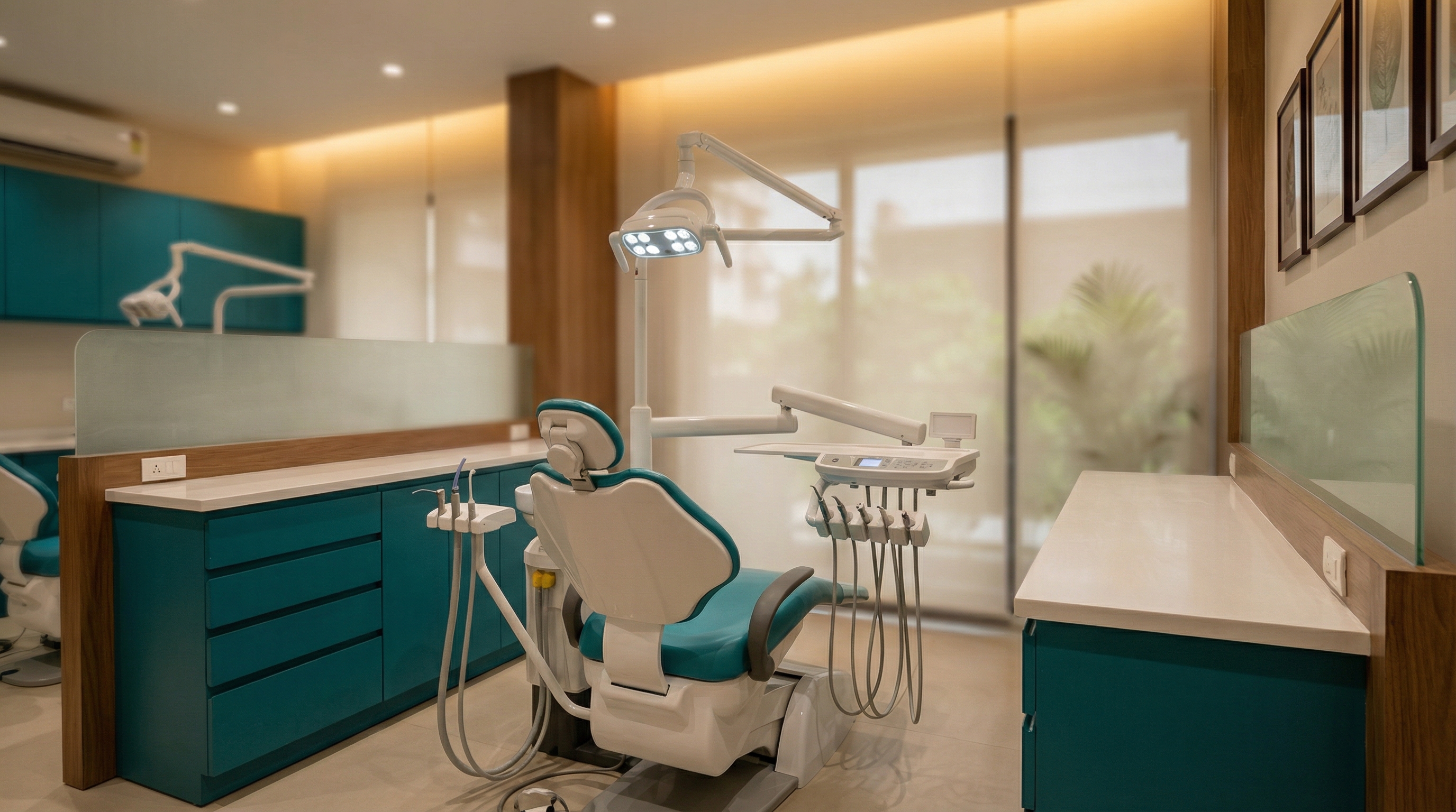 Modern dental treatment room at A Dentistry with state-of-the-art equipment and warm ambient lighting