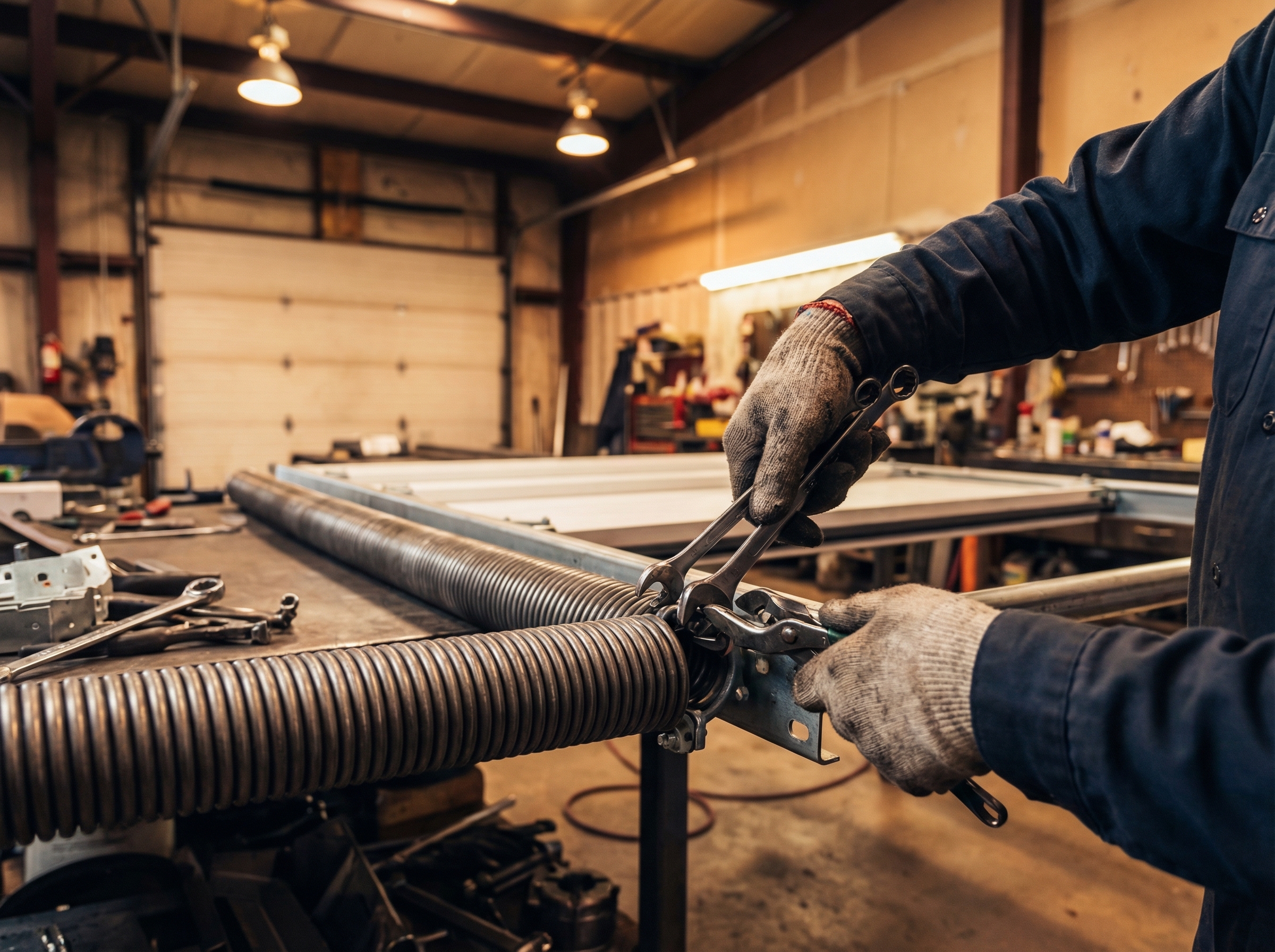 Close-up of a professional garage door technician installing spring hardware in a workshop