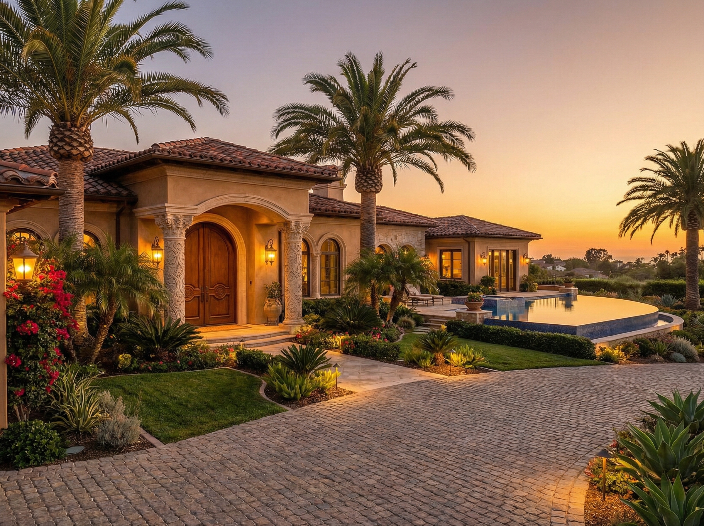 Stunning Mediterranean luxury villa exterior in San Diego with palm trees and golden sunset