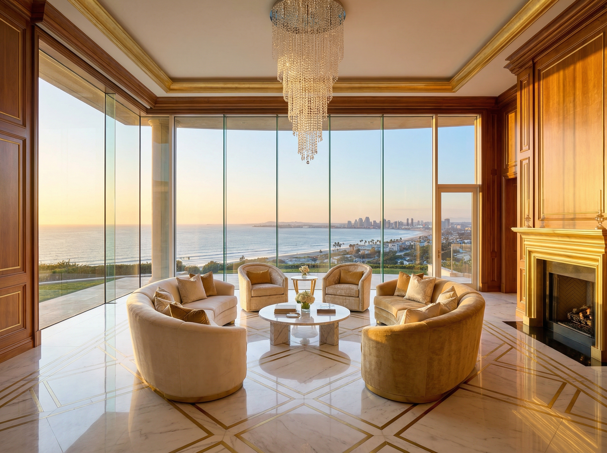 Luxurious San Diego coastal mansion interior with ocean views, gold accents, and crystal chandelier